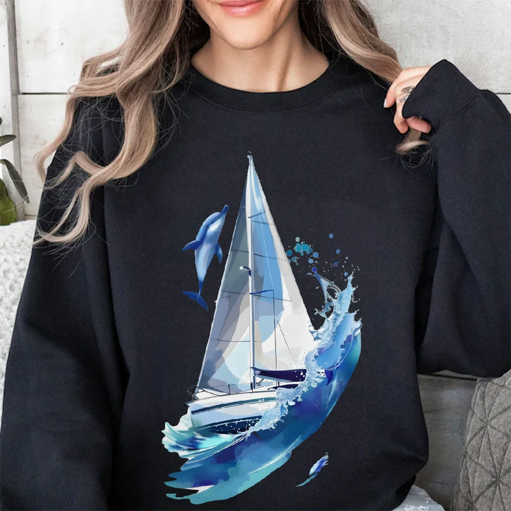 Nautical Elementsoversized Women's Y2k Hoodie Hand Painted Korean Style Graphic Sweatshirt Cozy Fleece Warm Fall Winter 2025