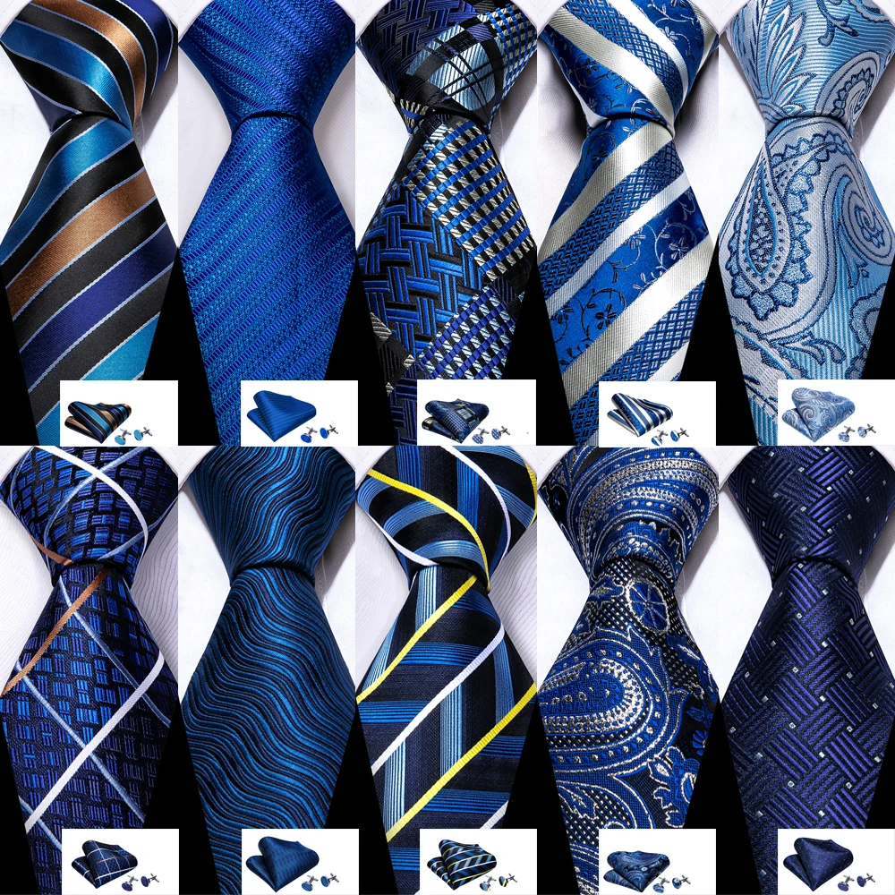 Fashion Silk Men Tie Royal Blue Dark Blue Navy Solid Paisley Striped Plaid Necktie Handkerchief Cufflinks Barry. Wang