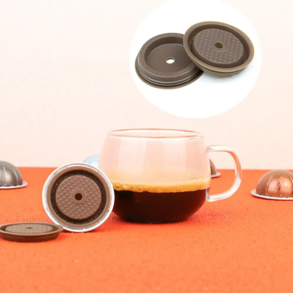 2pcs Food Grade Silicone Coffee Capsule Lid Brown Reusable Coffee Capsule Cover with Spoon and Brush Coffee Capsule Cap