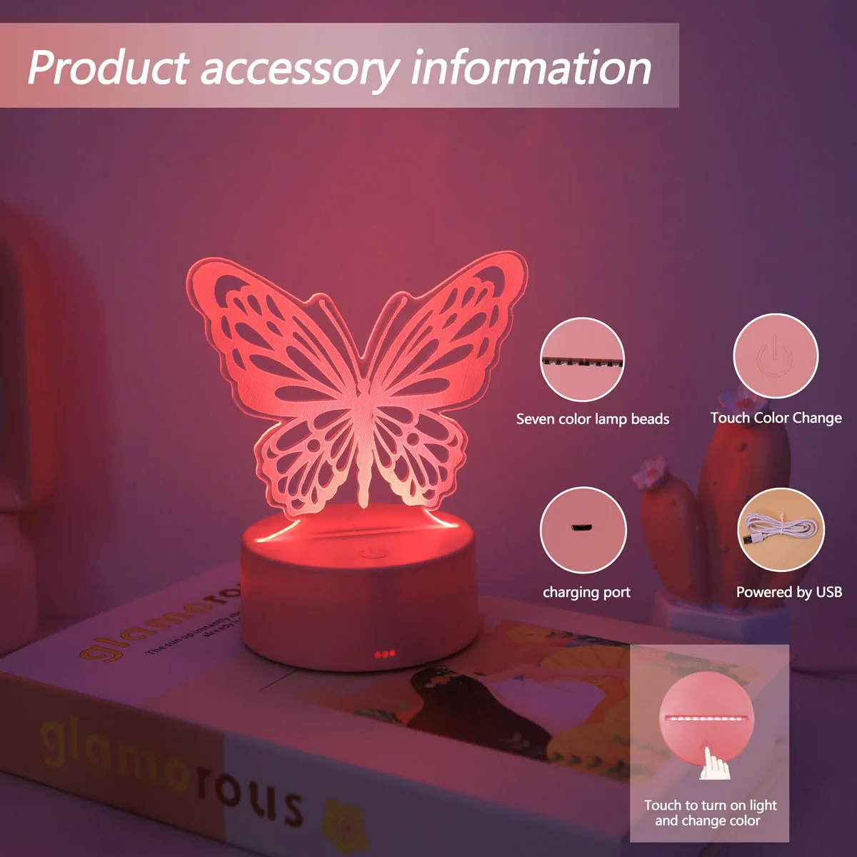 USB touch RGB 7 color night light, pink butterfly 3D night light, suitable for bedroom rooms, gift atmosphere light