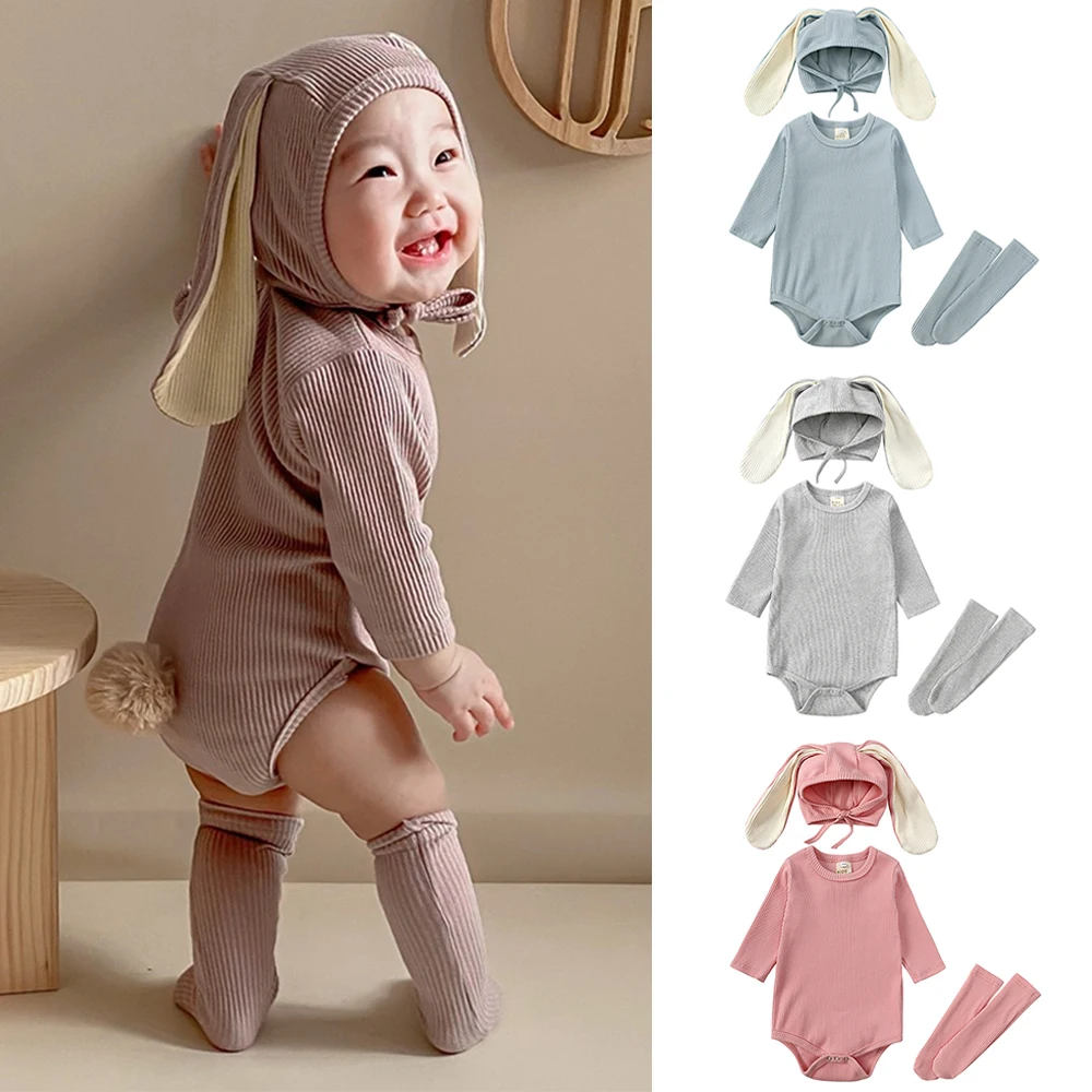 2024 Baby Rabbit Easter Romper Ear Hat Bodysuit Socks Solid Cotton Jumpsuit 0-24M Korean Cute Toddler Boy Girl Outfits Clothes