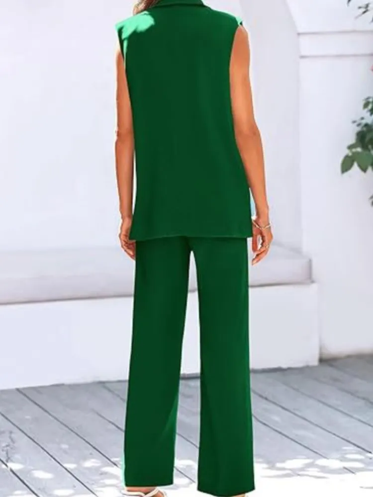 ผู้หญิงที่สง่างามชุดสองชิ้นชุดเสื้อกั๊กกางเกงชุดฤดูร้อนใหม่คอวีแขนกุดเสื้อสูท + กางเกงขากว้างชุดชุดหญิง