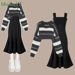 2024 Spring AutumnNew Loose Short Stripe Knit Sweater+Strap Skirt Two Piece Suit Korean Elegant Pullover Dress Matching Set