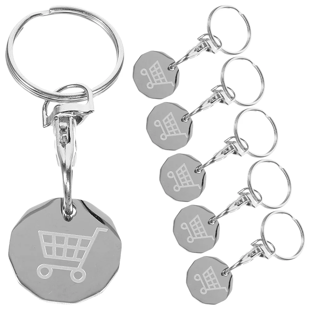 

6pcs Stainless Steel Token Key Cherry Keychain Small Shopping Cart Metal Silver Trolley Keyrings Lasting