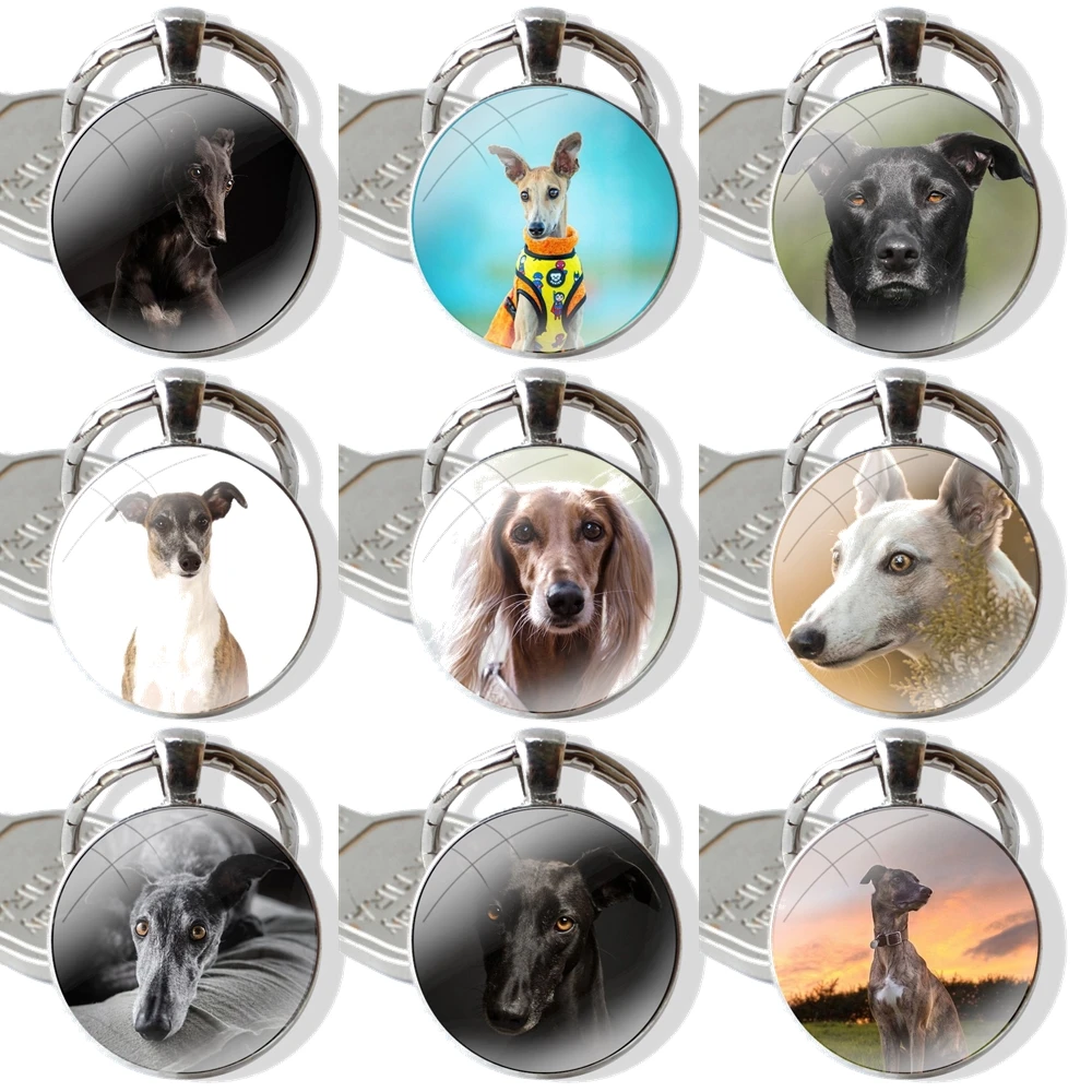 Galgo Greyhound Dog Keychain Glass Cabochon Metal Pendant Classic Men\'s Women\'s Keyring