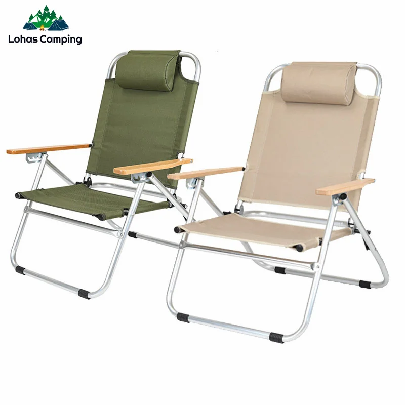 Lohascamping  4-Step Angle Adjustable Camping Chair with Pillow  Outdoor Long Relaxation Portable Recliner for Office Nap Desk