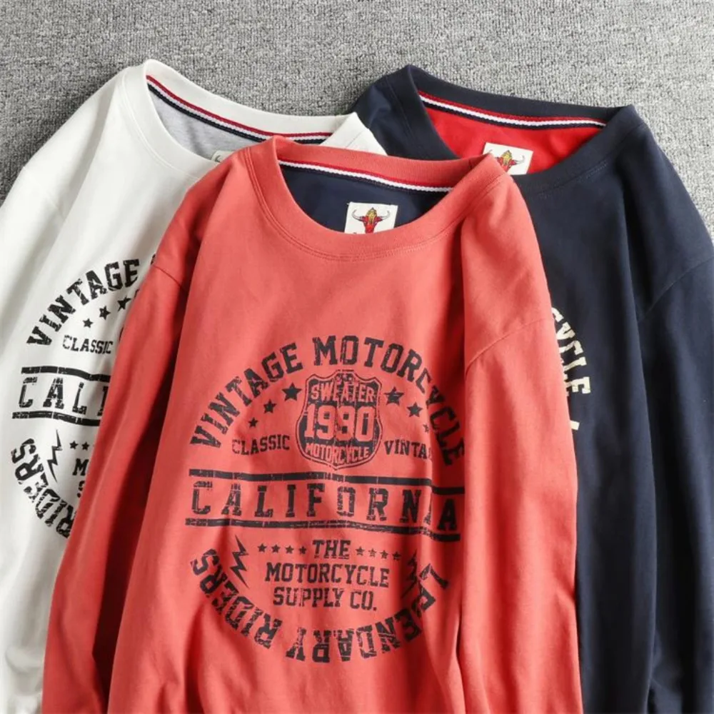 

Retro letter pattern long-sleeved T-shirt men's American-style wash cotton furry comfortable round neck base shirt