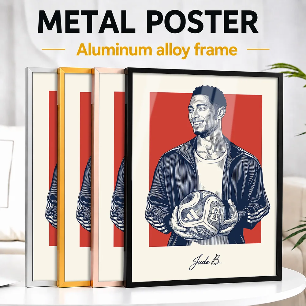 Jude Bellingham Soccer Portrait Framed Aluminum Metal Poster Personalized Illustration Wall Art For Clubhouse Reception Area