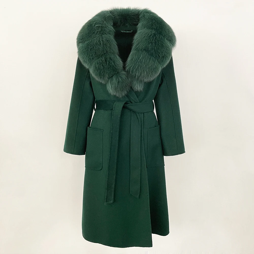 MENINA Autumn Winter Oversized Furry Fox Fur Collar Detachable Fur Collar Splicing 100% Double-sided Wool Coat Women Woolen Coat