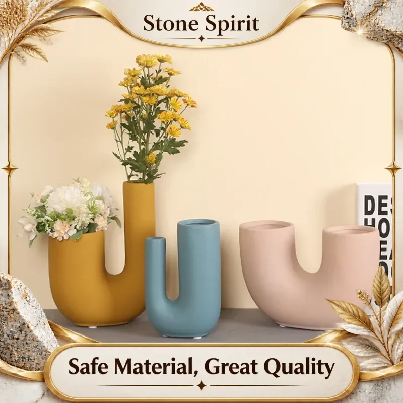 U-shaped Ceramic Vase, Pampas Dry Flower Container, Home Decoration, Tubular Vase, Living Room, Indoor, Desktop Decoration