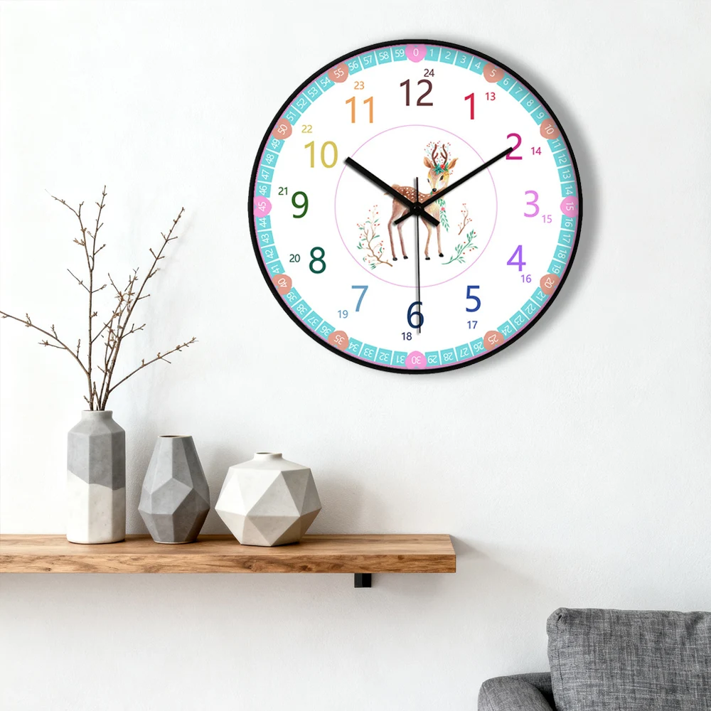 Kids Educational Wall Clock Cute Cat Fish Design Color Numbers Silent Movement Clock For Classroom Bedroom Time Learning Tool