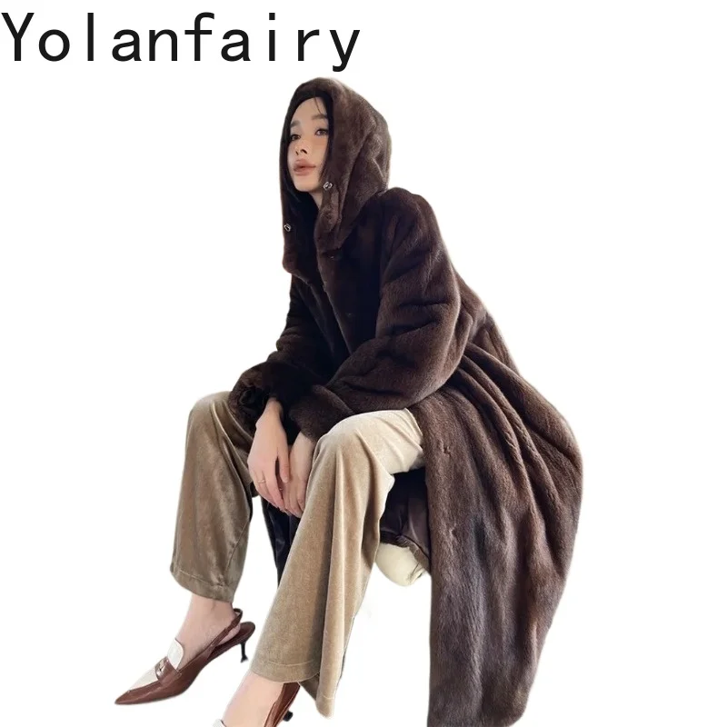 YOLANFAIRY Soft Natural Whole Mink Fur Jacket 100% Woman Real Fur Coat Hooded Winter Velvet Mink Coffee Outerwear Over Knee110cm