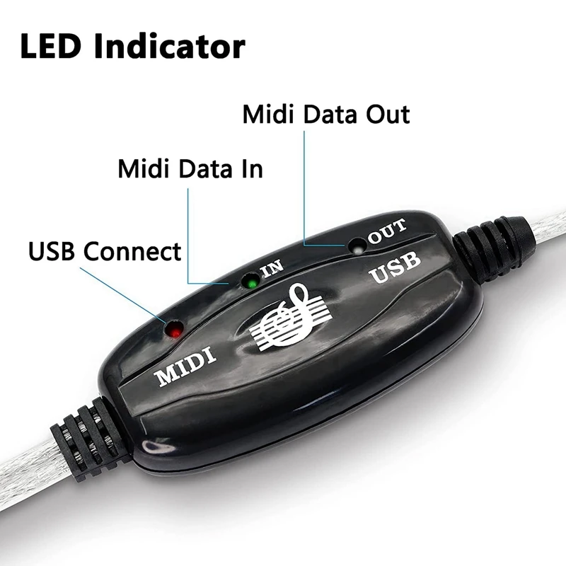 2X USB MIDI Cable Adapter,USB Type A Male To MIDI Din 5 Pin In-Out Cable Interface With LED Indicator For Music Keyboard