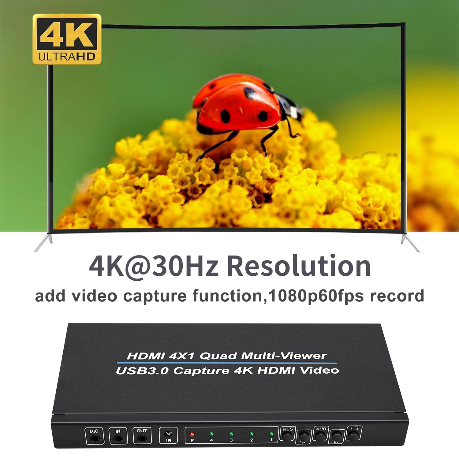 HDMI 멀티 뷰어 쿼드뷰 IR 리모컨 포함, 4K 4x1, 4 in 1 Out, 9 가지 디스플레이 모드, 1080p @ 60Hz, USB3.0 비디오 캡처 카드 기능