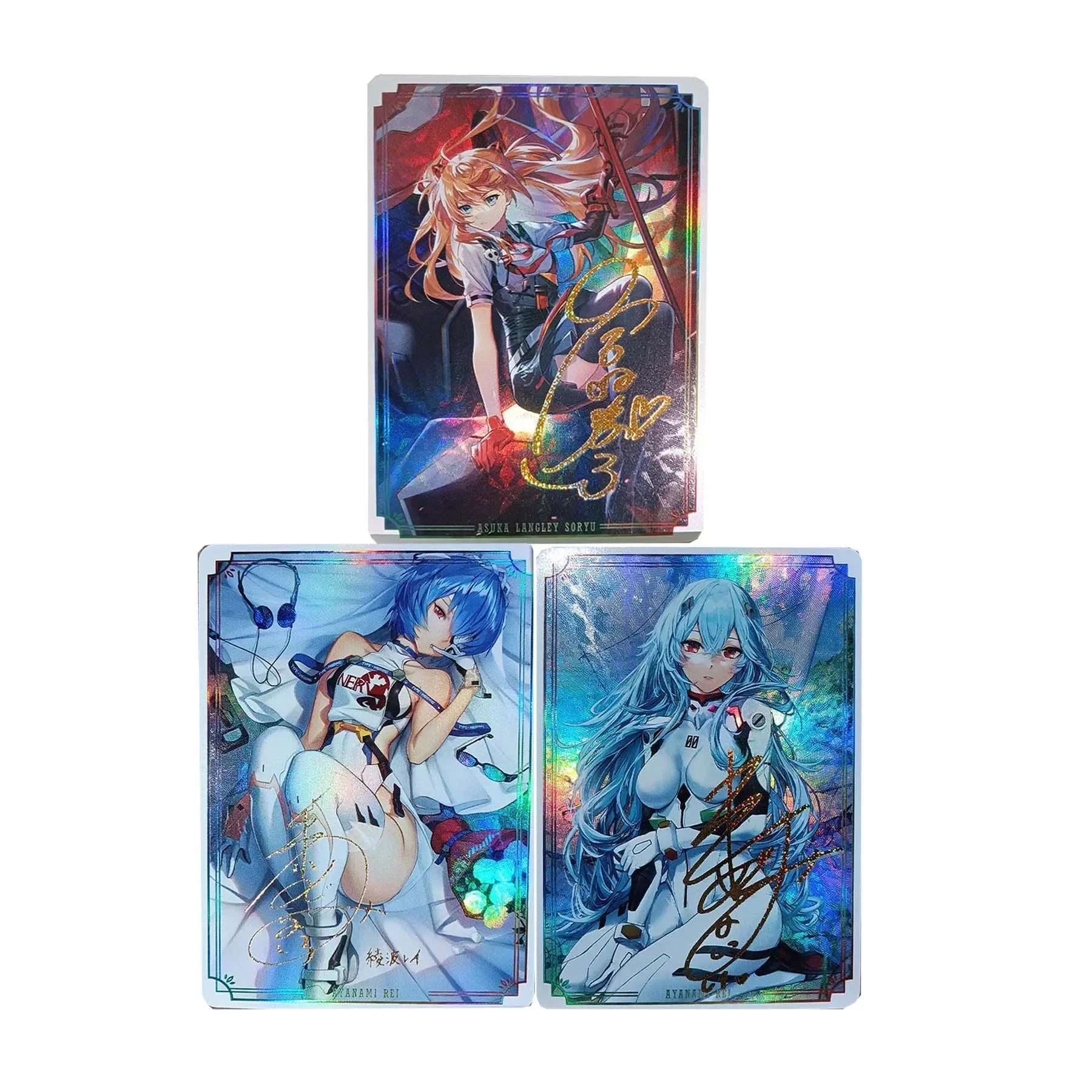 

Diy Self Made 3Pcs/set Asuka Langley Soryu Ayanami Rei Collection Card Refraction Color Flash Signature Card Anime Cards Gift