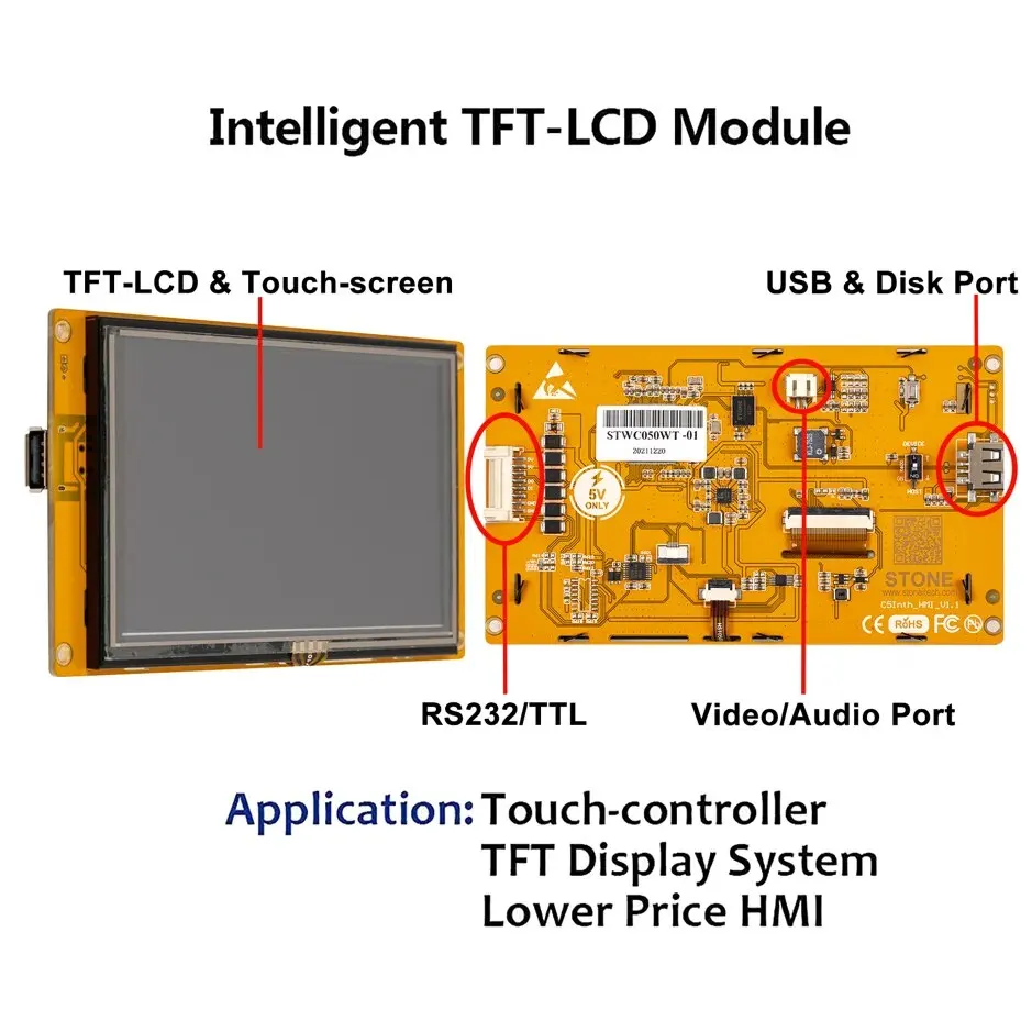 5.0 Inch TFT LCD Module with 1G Hz Cortex A8 CPU & Driving device 262k true-to-life colors. 300 cd/m2 brightness; LED backlight