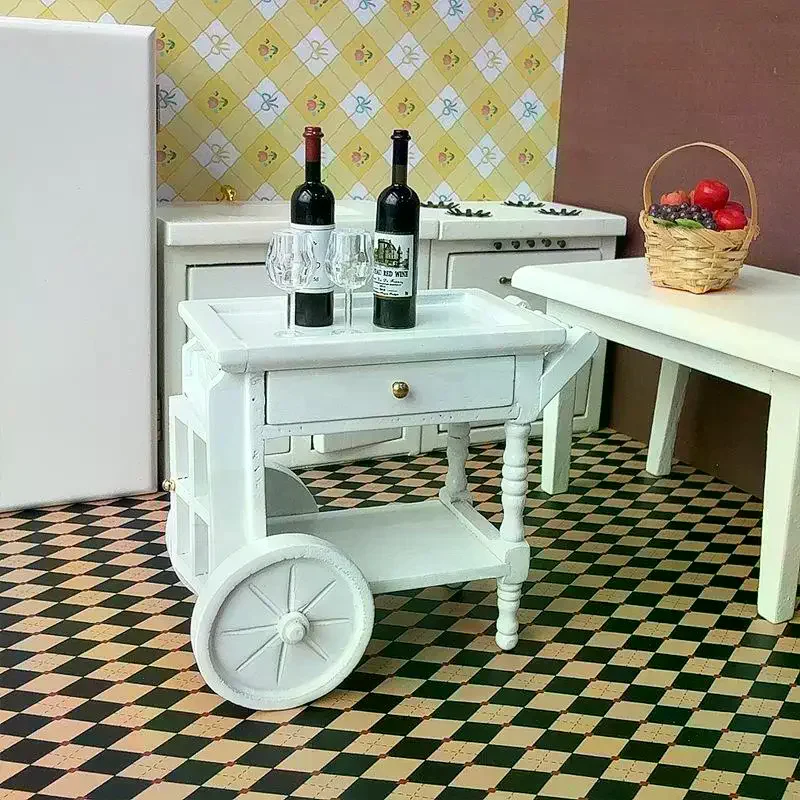 รถเข็นอาหารไม้สีขาวสำหรับบ้านตุ๊กตา 1 ชิ้น ขนาด 1:12 อุปกรณ์ตกแต่งบ้านตุ๊กตา ของเล่นเสริมสร้างจินตนาการสำหรับเด็ก ของขวัญ