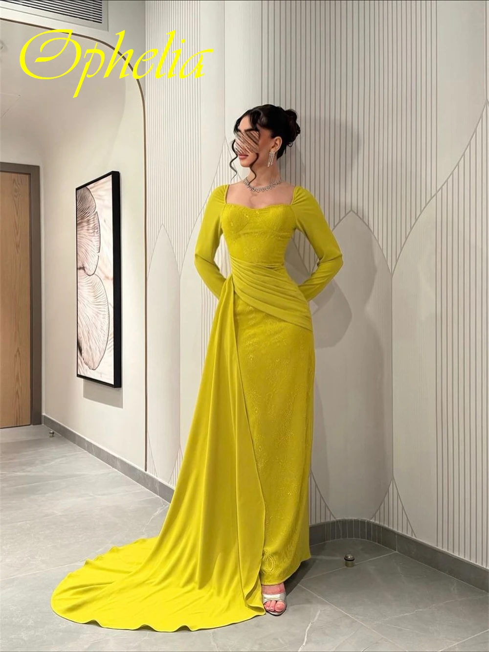 Maßgeschneidertes, exquisites Abendkleid mit quadratischem Kragen, klassisches Cocktailkleid mit langen Ärmeln, modische Hofschleppe, Kleider für besondere Anlässe