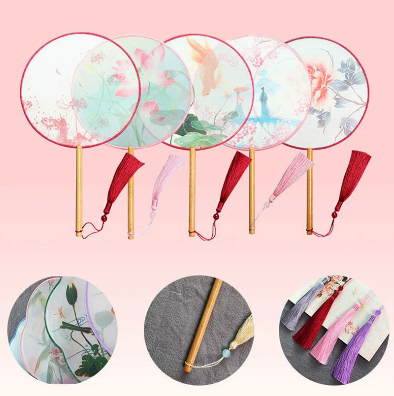 Oude Fan Groep Fan Chinese Stijl Dans Zomer Klassiek Kostuum Hanfu Vrouwen Kwastje Kleine Ronde Handheld Fan