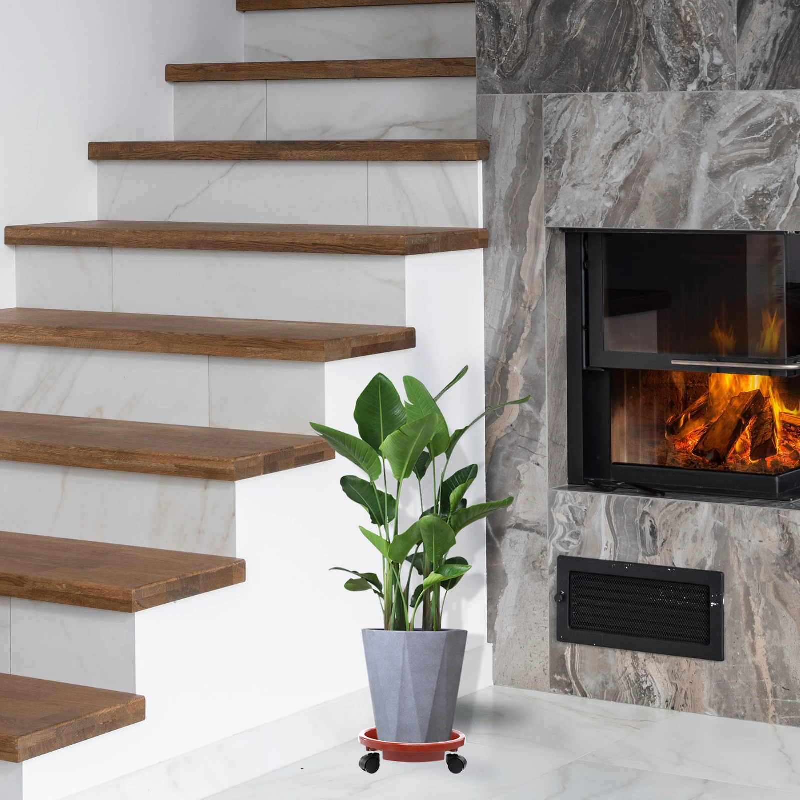 

1pc Movable Flower Pot Tray With Wheels Thickened Plant Pot Base Leak Proof Floor Protection Botanical Style Universal Wheel