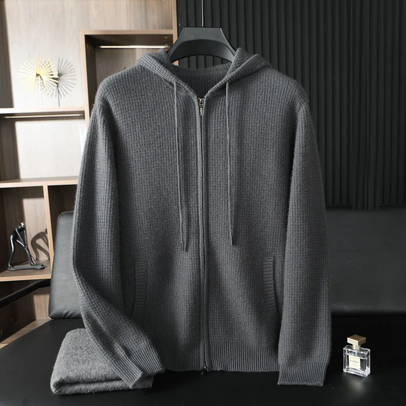 2025 High-End Men's 100% Pure Cashmere Cardigan Hooded Zipper Sweater Autumn Winter New Simple Casual Versatile Warm Coat