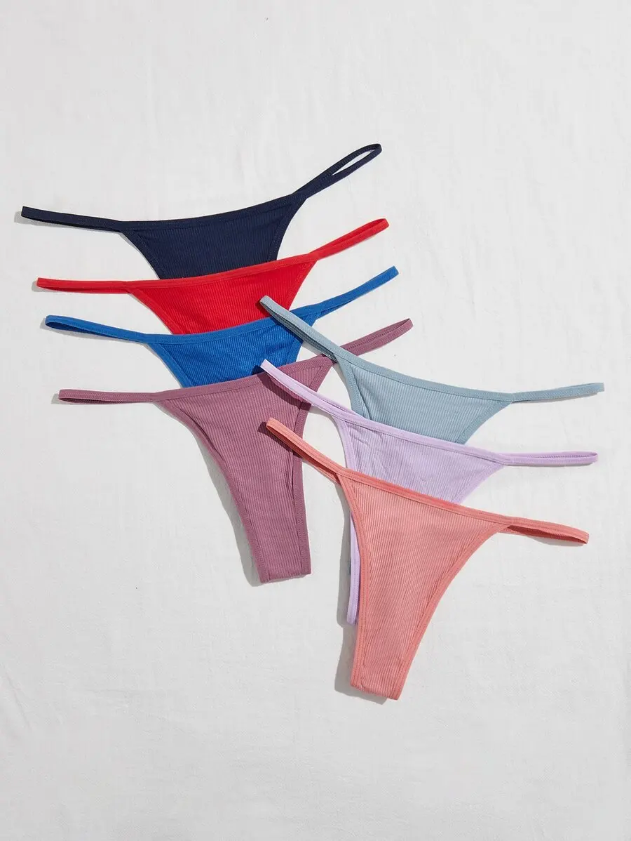 7 Pack Ribbed Knit G-String Underwear For Women