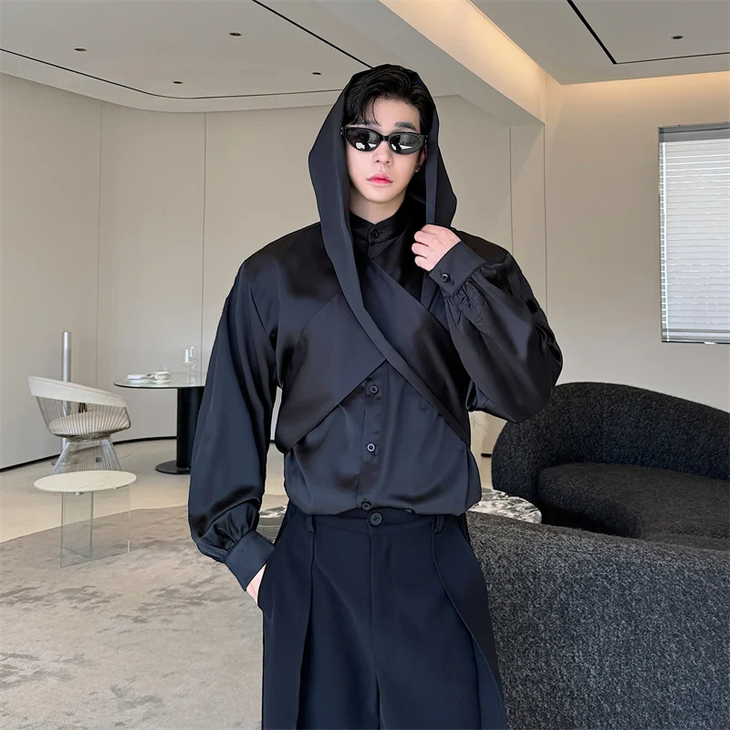 

Korean Style Niche Shawl Hooded Shirt Men Loose Versatile Design Top 2024 Autumn New Stylish Male Multiple Wear Tops