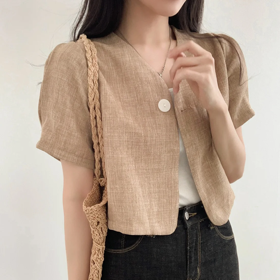 

Лето 2022, однотонное пригородное пальто на одной пуговице Bubble Sve, хлопковое льняное пальто, женская корейская версия, блузка Jaet