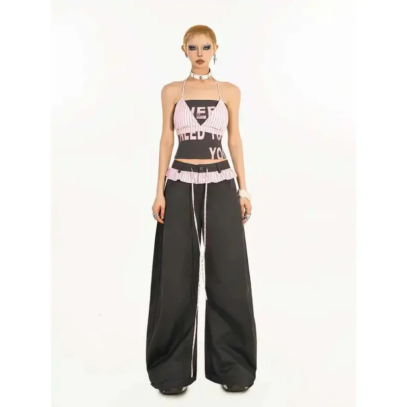 النمط الأمريكي هوتي قطعتين مجموعة رسالة صديرية دائرية الرسن شريط سترة بلايز أنثى النساء السراويل الوردي الأسود