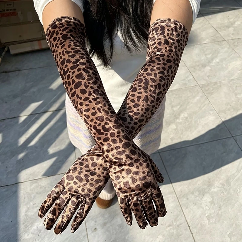 Sexy Leopard Velvet Long Gloves Dinner Dress Full Finger Mitten Women Evening Party Stage Performance Accessories