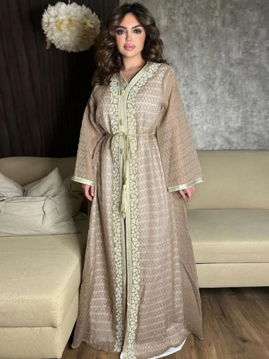 Eid Muslim Abaya Dress 2 Piece Suits Islamic Lace Up Robe Dubai Saudi Arab Morocco Dresses Jalabiya Two Piece Set Vestidos Party