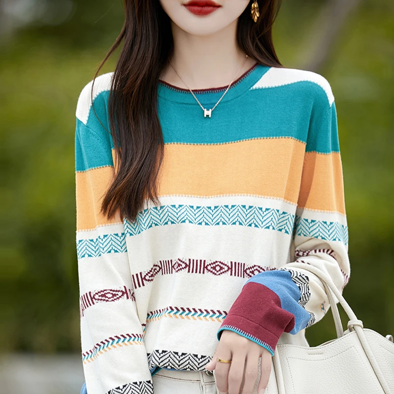 Spring and Autumn New 100% Cotton Sweater Women's Clothing Round Neck Knitted Hoodie Fashion Stripe Contrast Bottom Coat Top