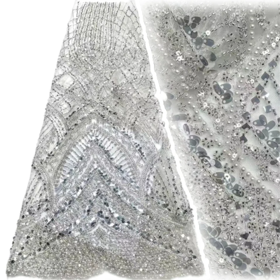 

Новый дизайн, роскошная африканская ткань с бисером и кружевом, 5 ярдов африканского кружевного полотна с пайетками для свадебных и праздничных платьев, материал для шитья 2410