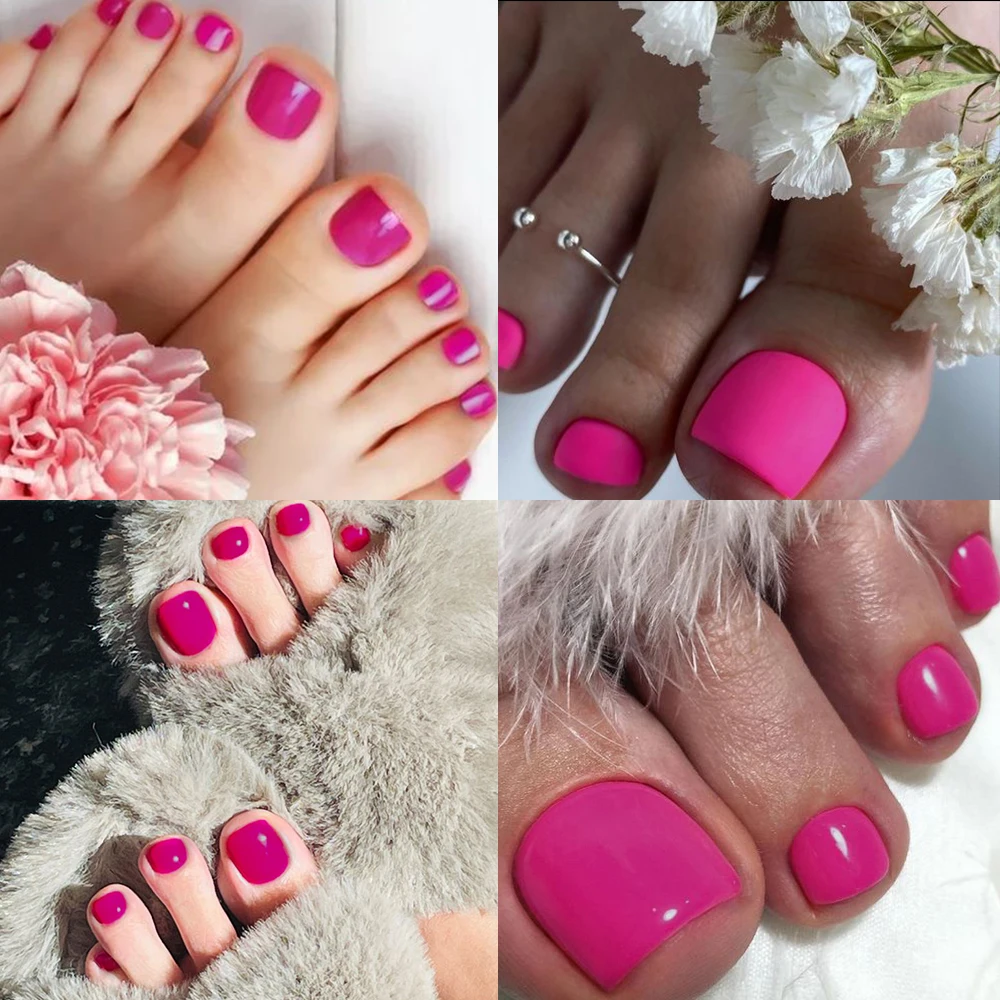 100 Stks/doos Glanzende Korte Vierkante Pers Op Teennagels Rose Rode Nep-Teennagels Stevige Lijm Op Nagels Volledige Dekking Valse Teennagels Voor Meisjes