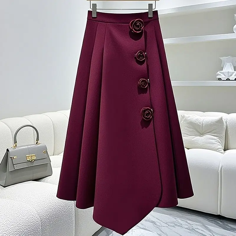 

2025 New Temperament Red A-line Skirt Women Clothing High Waist Elegant Irregular Solid Long Dress Autumn Korean Skirts Women