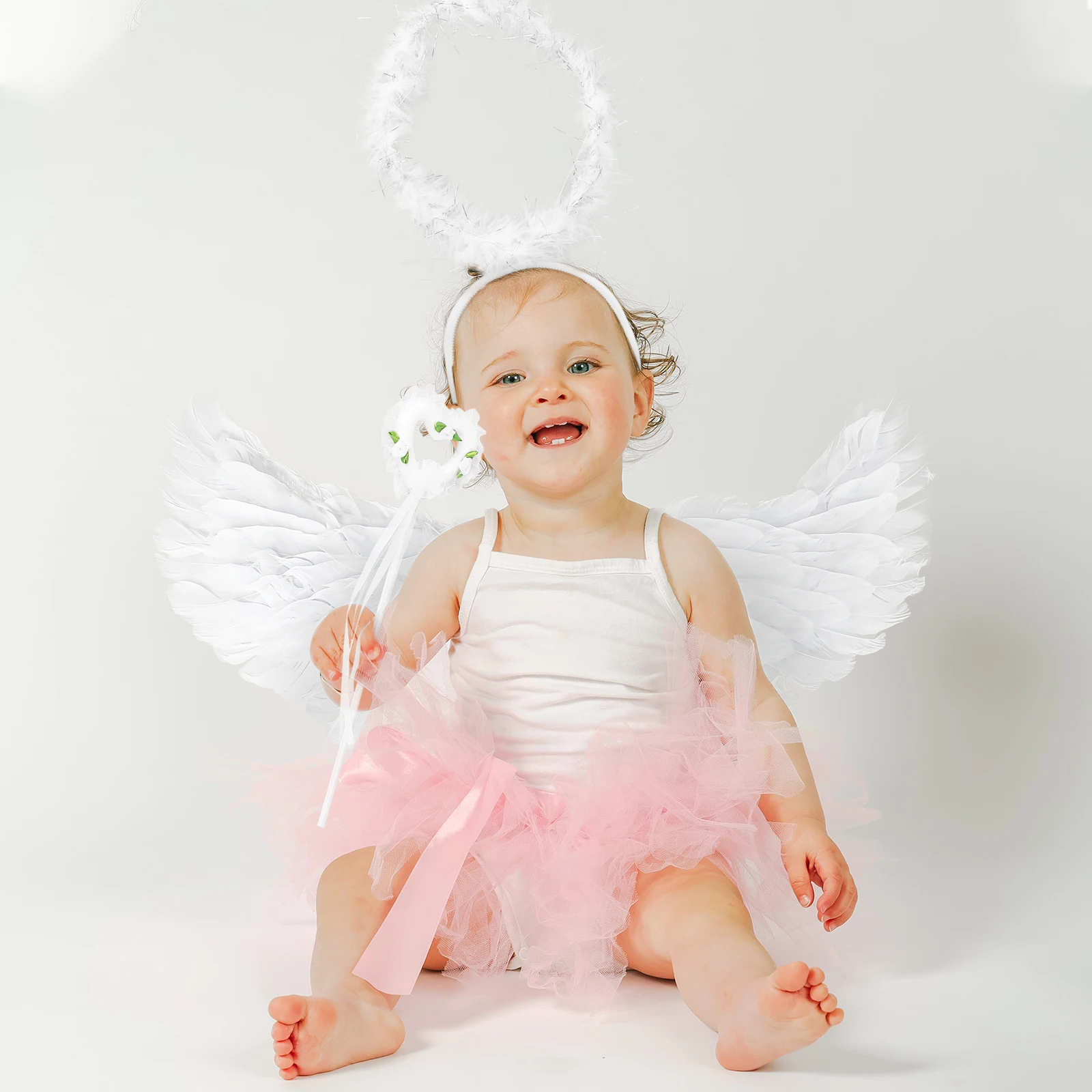 Ali d'angelo 17 7 pollici Span 14 2 pollici di altezza Accessori per costumi fatti a mano bianchi per ragazze 0 5 anni con bacchetta magica Puntelli angelo