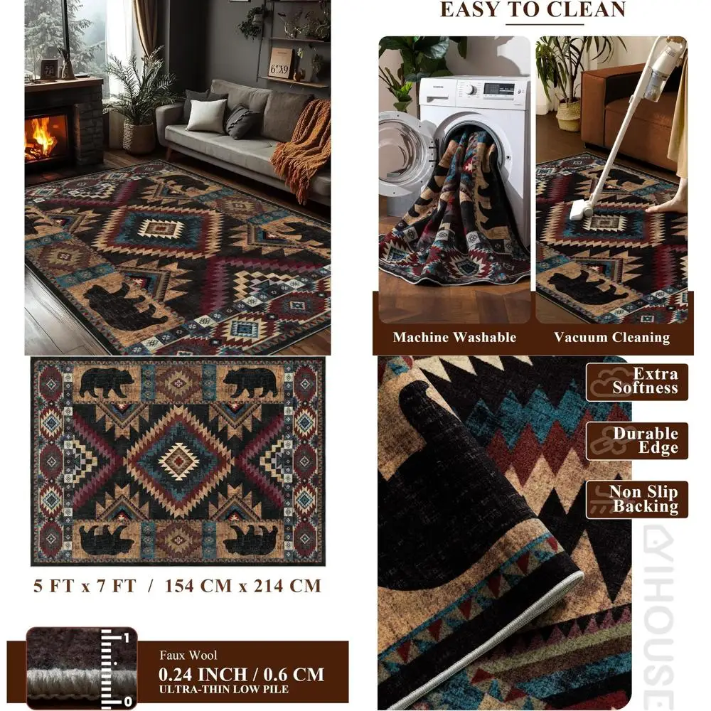 

5x7 Cabin-Style Bear Area Rug, Machine Washable, Non-Slip Low Pile for Living Spaces