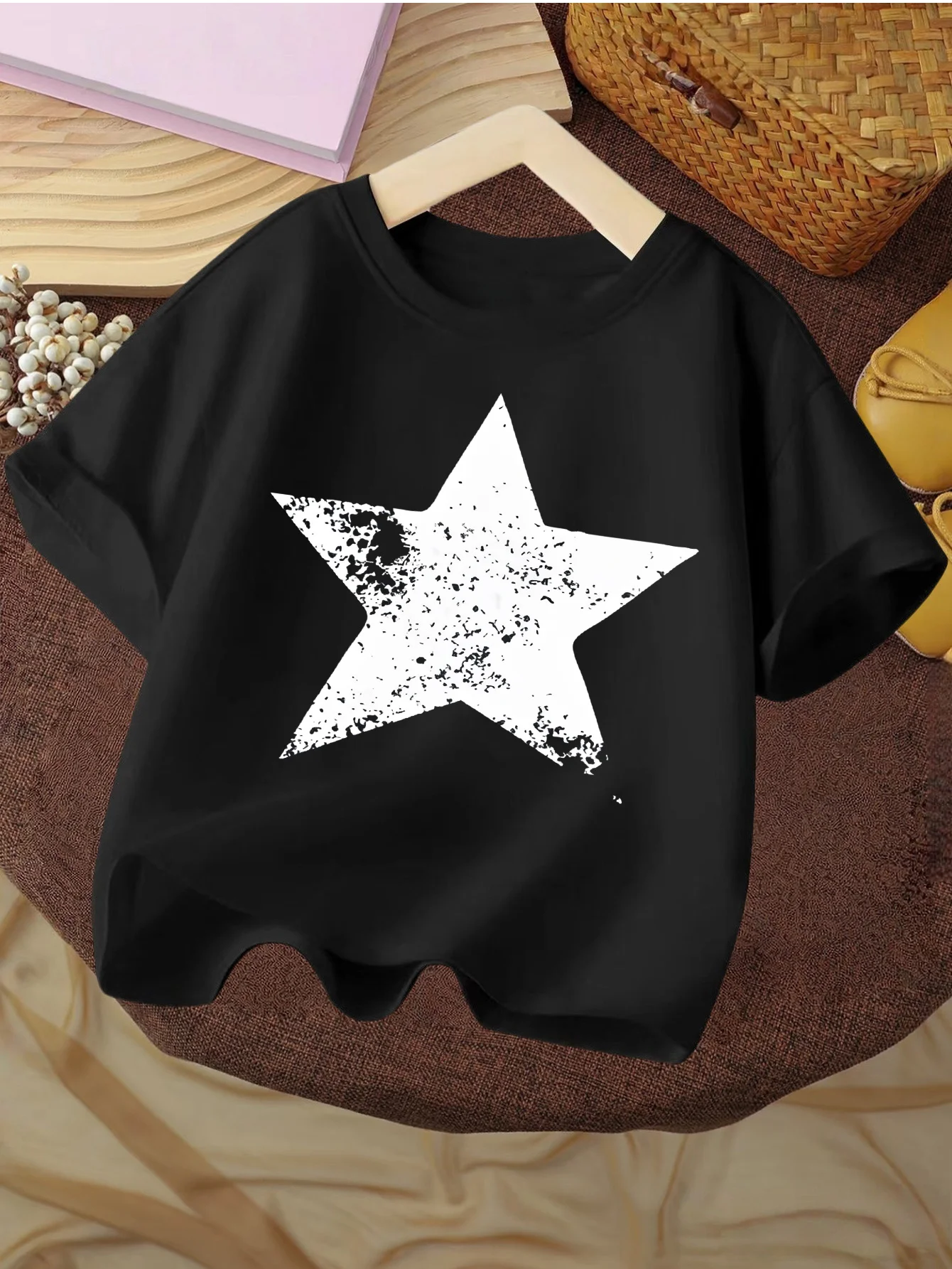 Kids T Shirt Distressed White Five Pointed Star Retro Graphic Short Sleeve Cotton Tops For Boys Girls Daily Casual Outfit