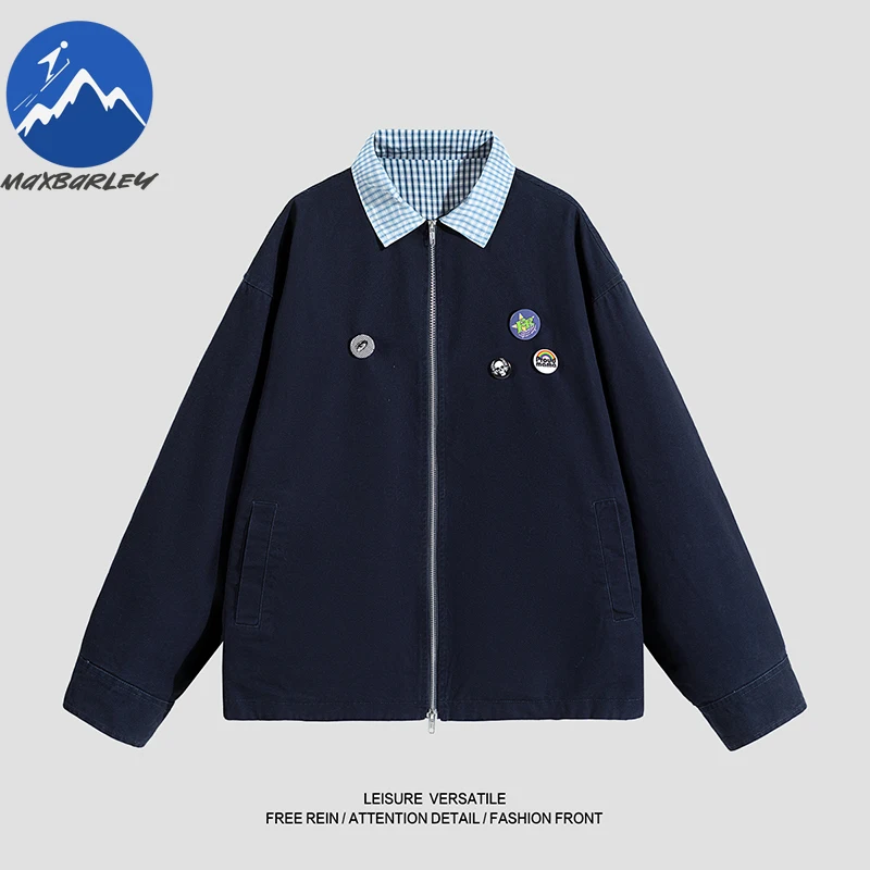 

Maxbarley Vintage Work Jacket Men Designer Color Block Lapel Double Sided Windbreaker Jacket Autumn 2025 Y2k Hip Hop Cotton Coat