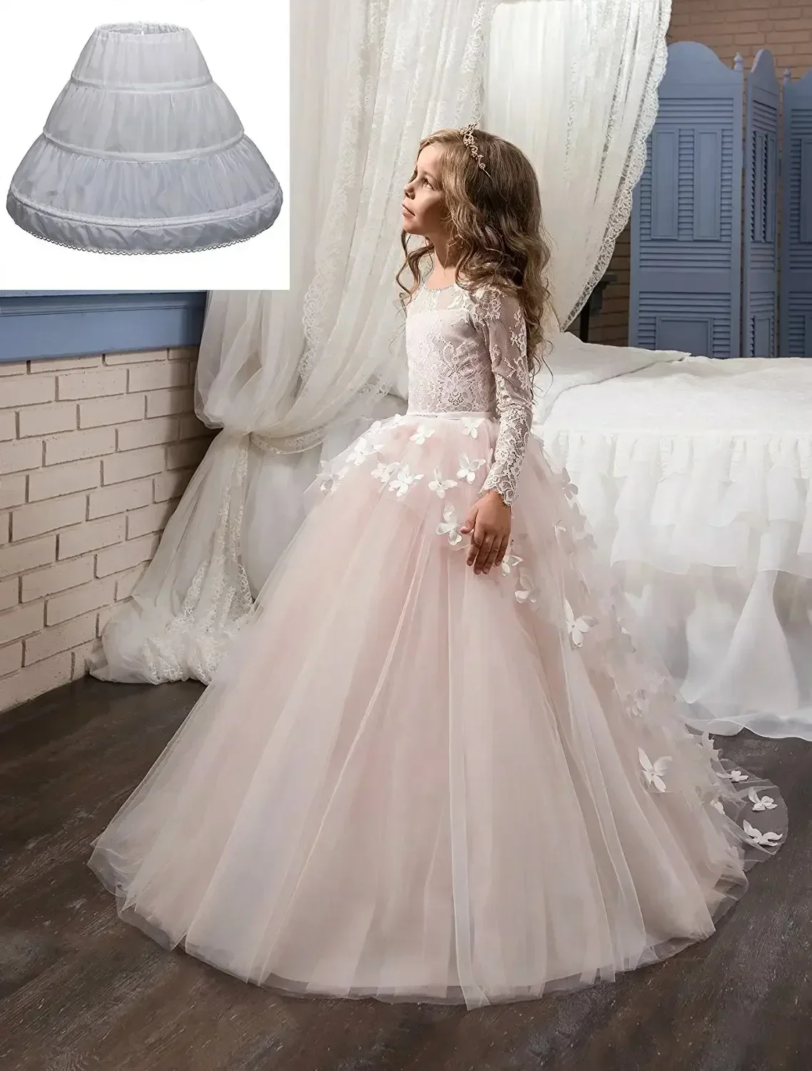 Girls' 3 Hoops Petticoat Full Slip Flower Girl Crinoline Skirt Custom Made Wedding Gown Bridal Dresses