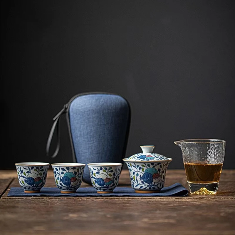 

Blue and White Porcelain Express Cup Kung Fu Cover Bowl Tea Cup Storage Bag Outdoor One Pot Three Cups Portable Travel Tea Set