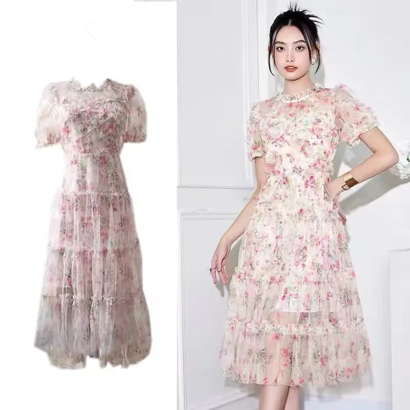 High Quality Women Ruffled Collar Mesh Flower Printed Holiday Dress New Summer Beading Puff Sleeve Cascading Layers Midi Clothes