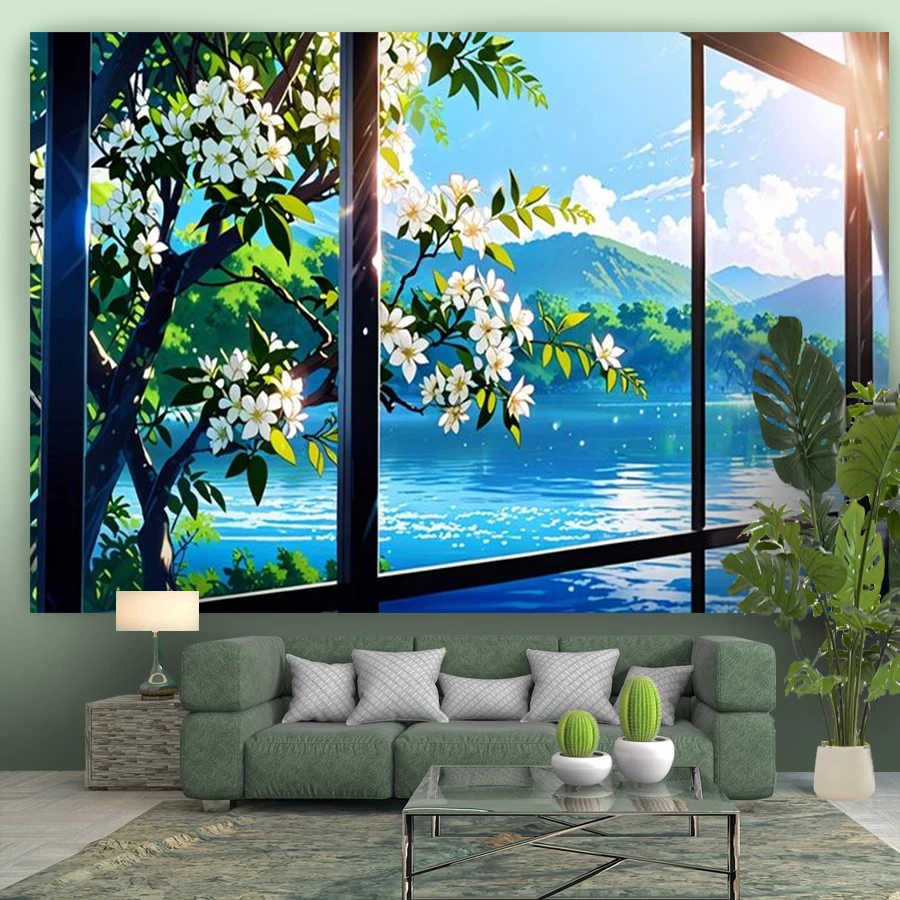 1PC Anime Window Flower Lake Print Backdrop Banner, Bedroom Living Room Photo Background, Polyester, Home Decor, Wall Art