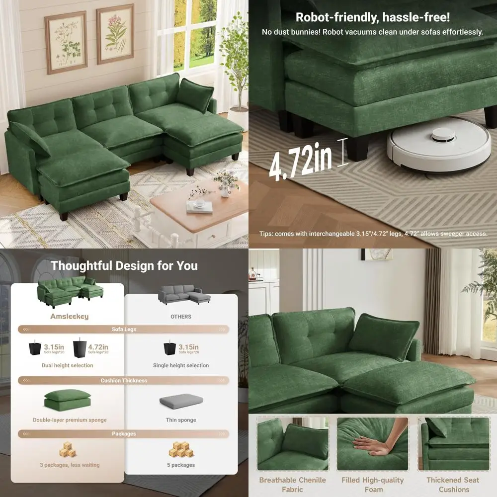 أريكة مقطعية من الشنيل على شكل حرف U، أريكة مريحة بثلاثة مقاعد 111.5 مع مسندين متحركين لغرفة المعيشة