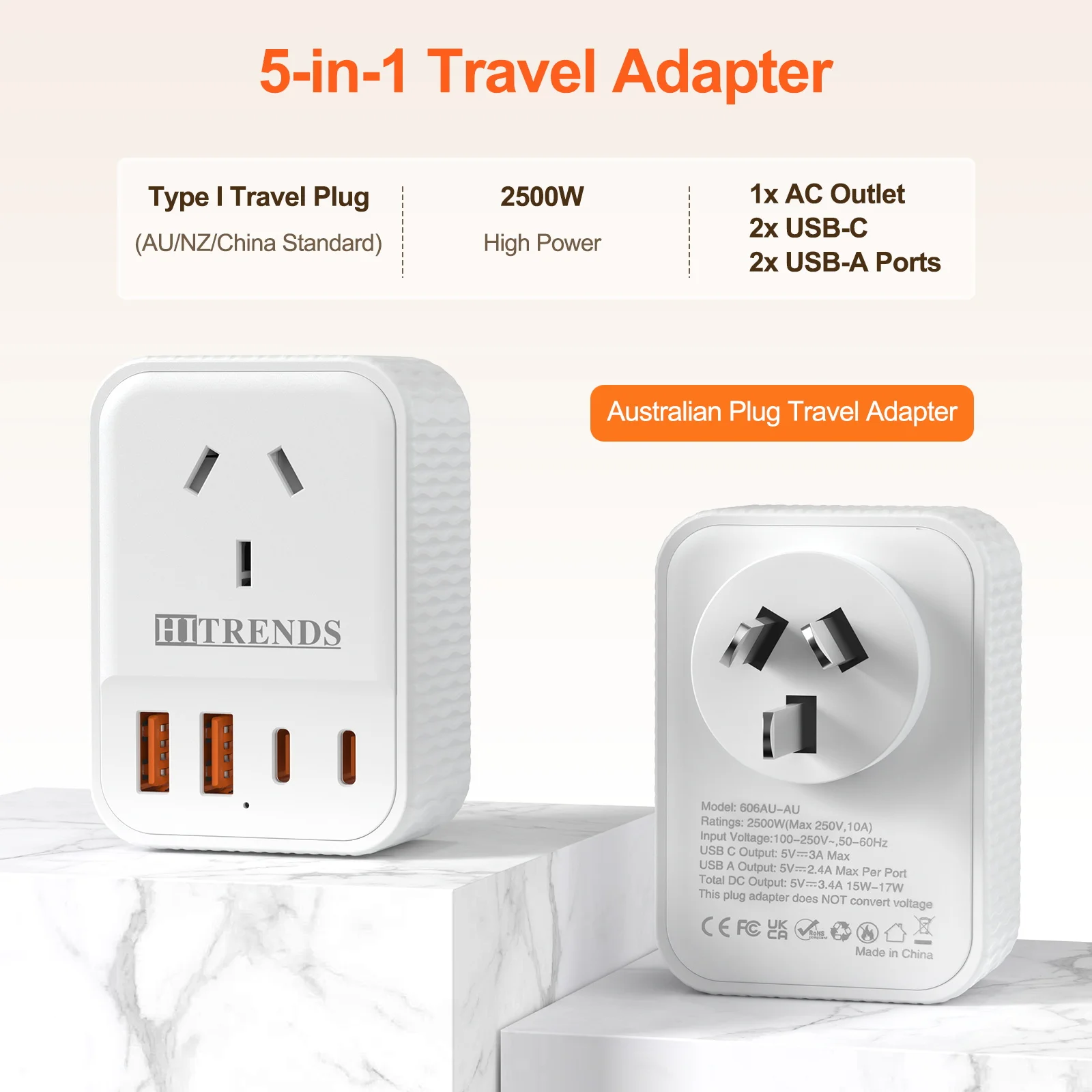 5-in-1 International Travel Conversion Plug - Australian Plug - 2500W High Power - 2 USB-C + 2 USB-A Fast Charging