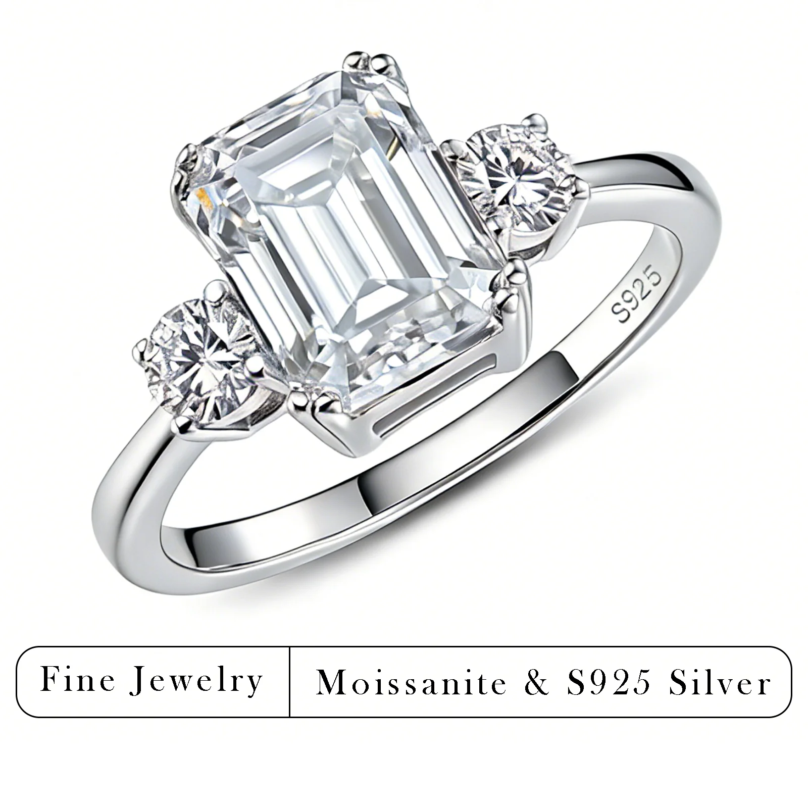 

Кольцо из серебра S925 с тремя камнями: муассанит огранки «Радиант» 2.2-4.2 карата и круглые вставки. Изысканное ювелирное украшение, подарок на помолвку для женщин.