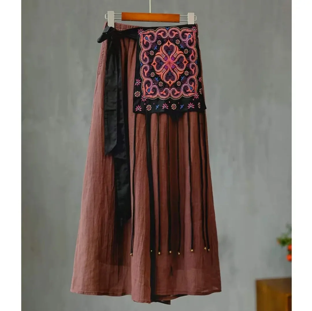 Luxury embroidered wide leg pants Summer 100% ramie elastic waist green tassels pantskirt fashion vintage Women's pants