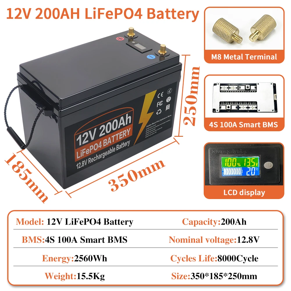 Paket Baterai Lithium Besi Fosfat BMS Bawaan Sel LiFePO4 12V 200AH 8000 Siklus untuk Kereta Golf Berkemah RV Tenaga Surya dengan Pengisi Daya