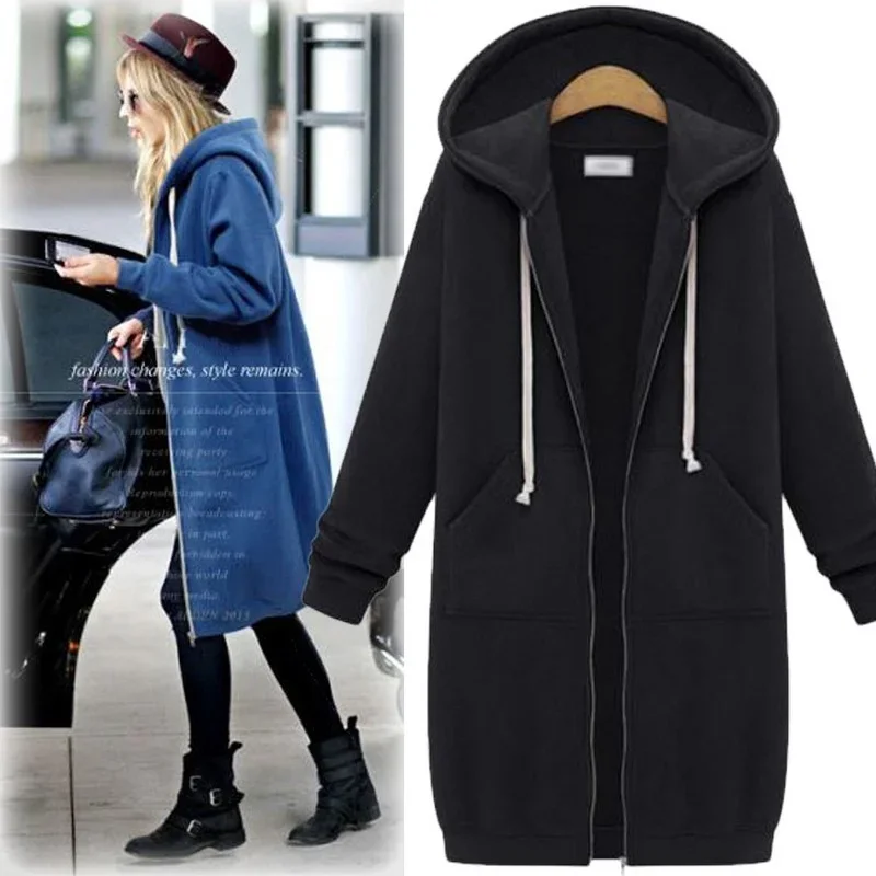 Women's Long Hooded Sweatshirt Plus Size Spring Autumn Hooded Jacket Loose Windbreaker Pocket Cotton Top Coat Fashion Leisure