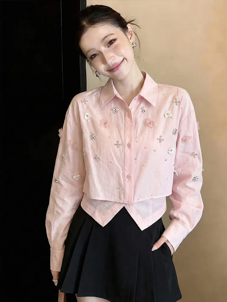 

Retro Floral Stripe Heavy Work irt Women's Spring 2026 New Design Age Reduction Casual Loose Fit Long Sve Button up